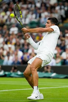 Mandatory Credit: Photo by Dave Shopland Shutterstock (13002015ae) Carlos Alcaraz during his first round match Wimbledon Tennis Championships, Day 1, The All England Lawn Tennis and Croquet Club, London, UK - 27 Jun 2022 Wimbledon Tennis Championships, Day 1, The All England Lawn Tennis and Croquet Club, London, UK - 27 Jun 2022  Copyright: xDavexShopland Shutterstockx 13002015ae