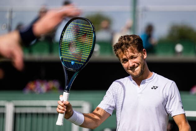 220627 Casper Ruud of Norway celebrates winning his first round singles tennis match against Albert Ramos Vinolas of Spain not pictured during day 1 of Wimbledon on June 27, 2022 in London Photo Mathias Bergeld BILDBYRAN kod MB MB0412 tennis wimbledon day 1 bbeng norge norway jubel,  Copyright: MATHIASxBERGELD BB220627MB050