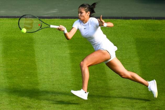 Mandatory Credit: Photo by James Veysey Shutterstock (13002284cd) Emma Raducanu during her first round match Wimbledon Tennis Championships, Day 2, The All England Lawn Tennis and Croquet Club, London, UK - 27 Jun 2022 Wimbledon Tennis Championships, Day 2, The All England Lawn Tennis and Croquet Club, London, UK - 27 Jun 2022  Copyright: xJamesxVeysey Shutterstockx 13002284cd