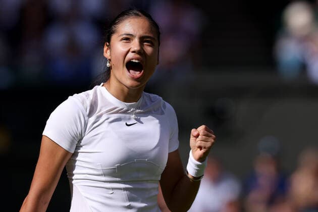 27th June 2022, All England Lawn Tennis and Croquet Club, London, England; Wimbledon Tennis tournament; Emma Raducanu celebrates after she breaks serve in the first set against Alison Van Uytvanck in the ladies singles  ActionPlus12402588 ShaunxBrooks
