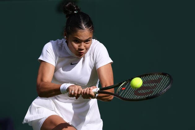27th June 2022, All England Lawn Tennis and Croquet Club, London, England; Wimbledon Tennis tournament; Emma Raducanu plays a backhand to Alison Van Uytvanck in the ladies singles  ActionPlus12402591 ShaunxBrooks