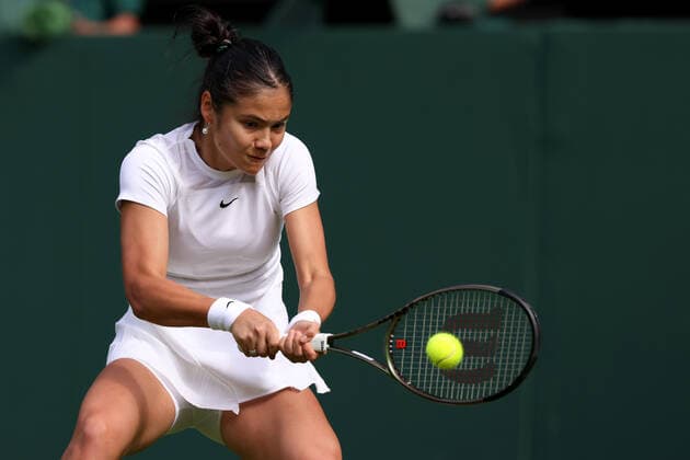 27th June 2022, All England Lawn Tennis and Croquet Club, London, England; Wimbledon Tennis tournament; Emma Raducanu plays a backhand to Alison Van Uytvanck in the ladies singles  ActionPlus12402607 ShaunxBrooks
