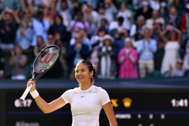 Mandatory Credit: Photo by James Veysey Shutterstock (13002284cy) Emma Raducanu celebrates victory in her first round match Wimbledon Tennis Championships, Day 2, The All England Lawn Tennis and Croquet Club, London, UK - 27 Jun 2022 Wimbledon Tennis Championships, Day 2, The All England Lawn Tennis and Croquet Club, London, UK - 27 Jun 2022  Copyright: xJamesxVeysey Shutterstockx 13002284cy