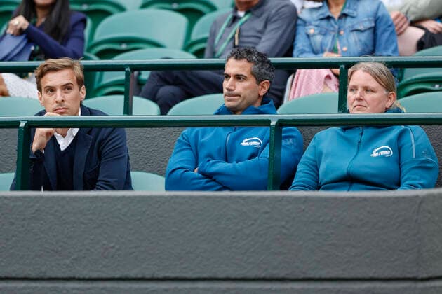 Angelique Kerber team in the players box, L R manager Aljoscha Thron, friend Franco Bianco, mother Beata Kerber Tennis Wimbledon 2022 Grand Slam ITF ATP WTA AELTC London Great Britain 27 June 2022 Copyright: xJuergenxHasenkopfx