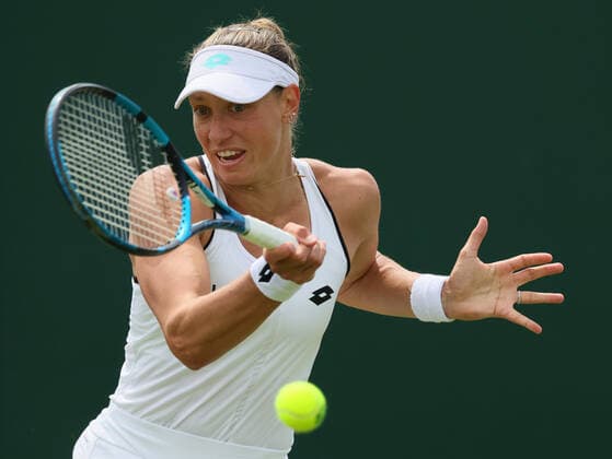 Belgian Yanina Wickmayer pictured in action during a first round game in the women s singles tournament against Chinese Zhu WTA, Tennis Damen 98) at the 2022 Wimbledon grand slam tennis tournament at the All England Tennis Club, in south-west London, Britain, Tuesday 28 June 2022. The match had to be postponed, due to the rain on Monday. BENOITxDOPPAGNE  x36712743x