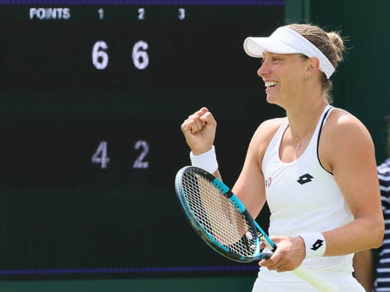 Belgian Yanina Wickmayer celebrates after winning a first round game in the women s singles tournament against Chinese Zhu WTA, Tennis Damen 98) at the 2022 Wimbledon grand slam tennis tournament at the All England Tennis Club, in south-west London, Britain, Tuesday 28 June 2022. The match had to be postponed, due to the rain on Monday. BENOITxDOPPAGNE  x36713466x