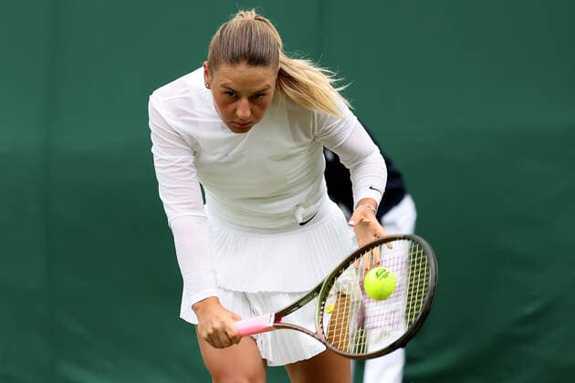 28th June 2022, All England Lawn Tennis and Croquet Club, London, England; Wimbledon Tennis tournament; Marta Kostyuk plays a backhand to Katie Swan  ActionPlus12402680 ShaunxBrooks