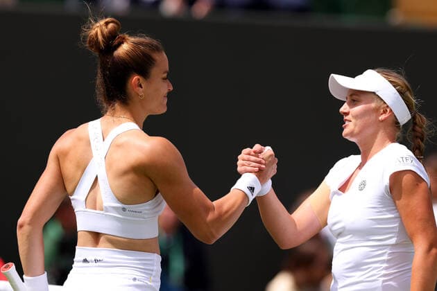 28th June 2022, All England Lawn Tennis and Croquet Club, London, England; Wimbledon Tennis tournament; Maria Sakkari shakes hands with Zoe Hives after her 2 sets to 0 win in the ladies singles  ActionPlus12402711 ShaunxBrooks
