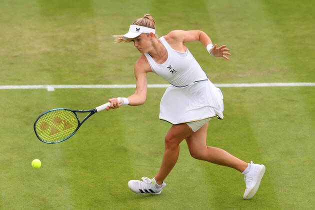 28th June 2022, All England Lawn Tennis and Croquet Club, London, England; Wimbledon Tennis tournament; Katie Swan plays a forehand to Marta Kostyuk in the ladies singles  ActionPlus12402689 ShaunxBrooks
