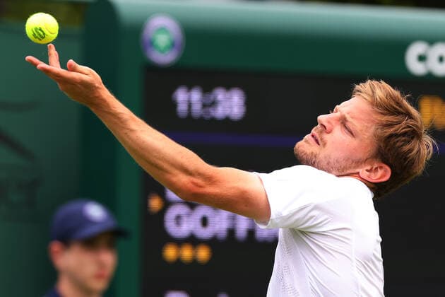 28th June 2022, All England Lawn Tennis and Croquet Club, London, England; Wimbledon Tennis tournament; David Goffin serves to Radu Albot in the mens singles  ActionPlus12402699 ShaunxBrooks