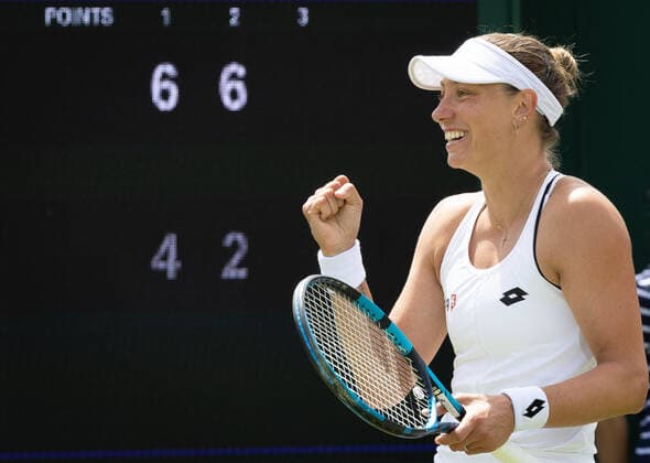 Belgian Yanina Wickmayer celebrates winning a first round game in the women s singles tournament against Chinese Zhu at the 2022 Wimbledon grand slam tennis tournament at the All England Tennis Club, in south-west London, Britain, Tuesday 28 June 2022. BENOITxDOPPAGNE  x36715610x