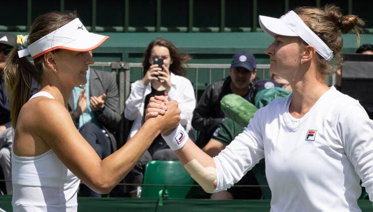 Belgian Maryna Zanevska and Czech Barbora Krejcikova shake hands after their first round game in the women s singles tournament at the 2022 Wimbledon grand slam tennis tournament at the All England Tennis Club, in south-west London, Britain, Tuesday 28 June 2022. BENOITxDOPPAGNE  x36716157x