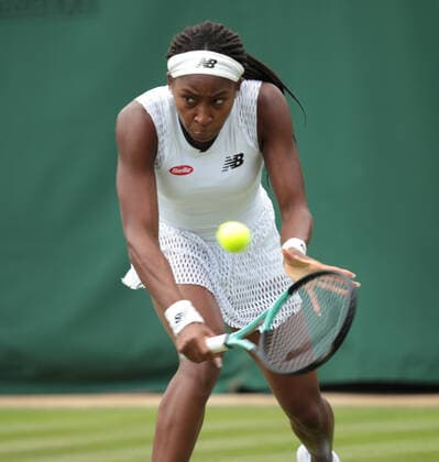 American Coco Gauff in action in her first round match against Roumanian Elena-Gabriela Ruse on day two of the 2022 Wimbledon championships in London on June 28, 2022.  LON2022062819 HUGOxPHILPOTT