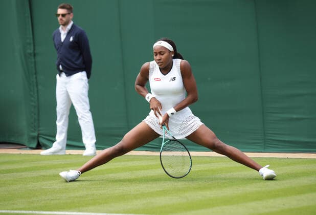 American Coco Gauff in action in her first round match against Roumanian Elena-Gabriela Ruse on day two of the 2022 Wimbledon championships in London on June 28, 2022.  LON2022062822 HUGOxPHILPOTT