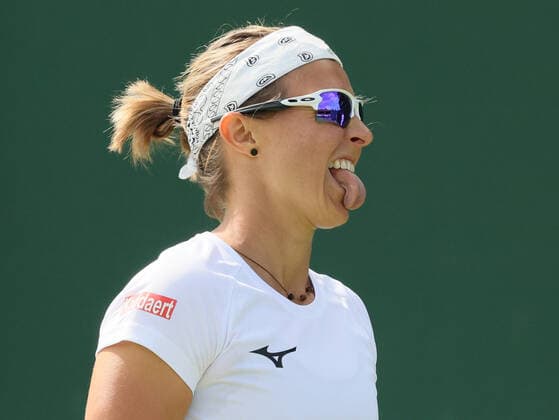 Belgian Kirsten Flipkens celebrates during a first round game in the women s singles tournament between Belgian Flipkens (WTA190) and Australian Fourlis (WTA150) at the 2022 Wimbledon grand slam tennis tournament at the All England Tennis Club, in south-west London, Britain, Tuesday 28 June 2022. BENOITxDOPPAGNE  x36718132x