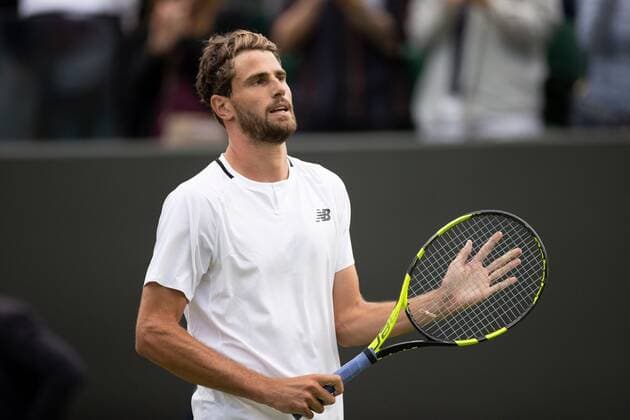Mandatory Credit: Photo by Ella Ling Shutterstock (13002020ee) Maxime Cressy after winning his first round match against Felix Auger-Aliassime Wimbledon Tennis Championships, Day 2, The All England Lawn Tennis and Croquet Club, London, UK - 28 Jun 2022 Wimbledon Tennis Championships, Day 2, The All England Lawn Tennis and Croquet Club, London, UK - 28 Jun 2022  Copyright: xEllaxLing Shutterstockx 13002020ee