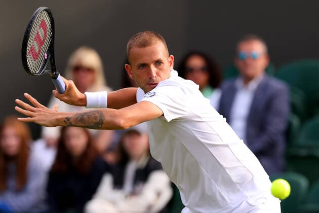 28th June 2022, All England Lawn Tennis and Croquet Club, London, England; Wimbledon Tennis tournament; Daniel Evans plays a forehand to Jason Kubler in the mens singles  ActionPlus12402807 ShaunxBrooks