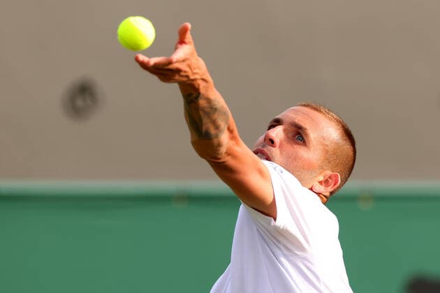 28th June 2022, All England Lawn Tennis and Croquet Club, London, England; Wimbledon Tennis tournament; Daniel Evans serves to Jason Kubler in the mens singles  ActionPlus12402819 ShaunxBrooks
