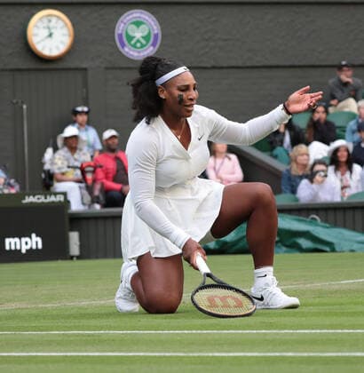 American Serena Williams in action in her first round match against France s Harmony Tan on day two of the 2022 Wimbledon championships in London on Tuesday, June 28, 2022.  LON2022062865 HUGOxPHILPOTT