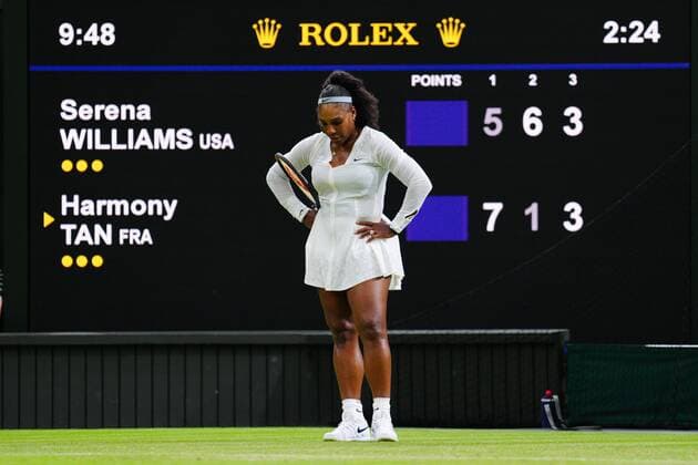 Mandatory Credit: Photo by Javier Garcia Shutterstock (13002021my) Serena Williams reacts after having her serve broken during her first round match Wimbledon Tennis Championships, Day 2, The All England Lawn Tennis and Croquet Club, London, UK - 28 Jun 2022 Wimbledon Tennis Championships, Day 2, The All England Lawn Tennis and Croquet Club, London, UK - 28 Jun 2022  Copyright: xJavierxGarcia Shutterstockx 13002021my