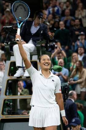 Mandatory Credit: Photo by Ella Ling Shutterstock (13002020fn) Harmony Tancelebrates winning her first round match against Serena Williams Wimbledon Tennis Championships, Day 2, The All England Lawn Tennis and Croquet Club, London, UK - 28 Jun 2022 Wimbledon Tennis Championships, Day 2, The All England Lawn Tennis and Croquet Club, London, UK - 28 Jun 2022  Copyright: xEllaxLing Shutterstockx 13002020fn