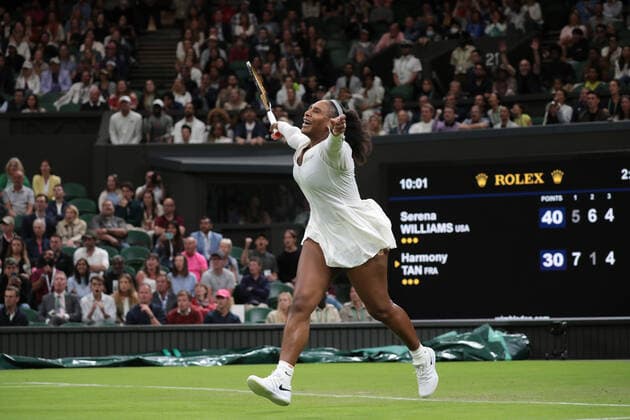 American Serena Williams reacts in her first round match against France s Harmony Tan on day two of the 2022 Wimbledon championships in London on Tuesday, June 28, 2022. Harmony Tan won the match 7-6,1-6,7-6.  LON20220628100 HUGOxPHILPOTT