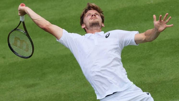 Belgian David Goffin pictured in action during a tennis game against Argentinian Baez, in the second round game of the men s singles tournament at the 2022 Wimbledon grand slam tennis tournament at the All England Tennis Club, in south-west London, Britain, Wednesday 29 June 2022. The match had to be postponed due to rain on Monday. BENOITxDOPPAGNE  x36785545x