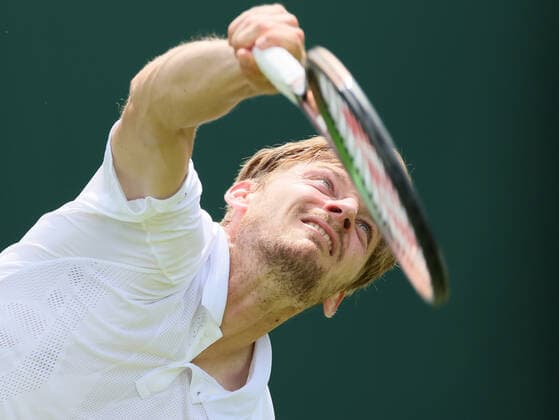 Belgian David Goffin pictured in action during a tennis game against Argentinian Baez, in the second round game of the men s singles tournament at the 2022 Wimbledon grand slam tennis tournament at the All England Tennis Club, in south-west London, Britain, Wednesday 29 June 2022. The match had to be postponed due to rain on Monday. BENOITxDOPPAGNE  x36789373x