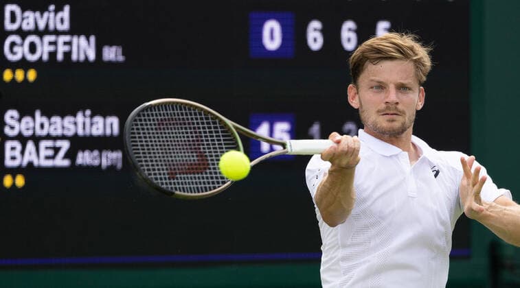 Belgian David Goffin pictured in action during a tennis game against Argentinian Baez, in the second round game of the men s singles tournament at the 2022 Wimbledon grand slam tennis tournament at the All England Tennis Club, in south-west London, Britain, Wednesday 29 June 2022. The match had to be postponed due to rain on Monday. BENOITxDOPPAGNE  x36797145x
