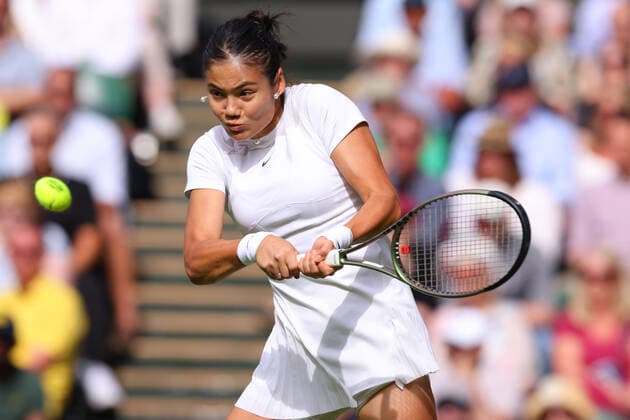 29th June 2022, All England Lawn Tennis and Croquet Club, London, England; Wimbledon Tennis tournament; Emma Raducanu plays a backhand to Caroline Garcia in the ladies singles  ActionPlus12402926 ShaunxBrooks