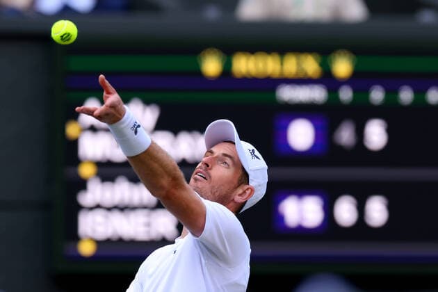 29th June 2022, All England Lawn Tennis and Croquet Club, London, England; Wimbledon Tennis tournament; Andy Murray serves to John Isner in the mens singles  ActionPlus12402970 ShaunxBrooks