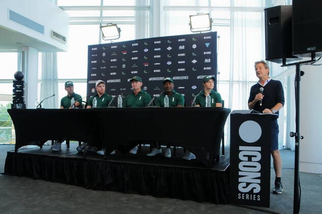 June 29, 2022, Jersey, NJ, United States: (Left to Right) Harry Kane, Canelo Alvarez, Ernie Els, Brian Lara, Ash Barty and Mark Nicholas attend the Icons Series press conference, PK, Pressekonferenz in Liberty National Golf Club, Jersey City. Jersey United States - ZUMAs197 0161810488st Copyright: xEfrenxLandaosx