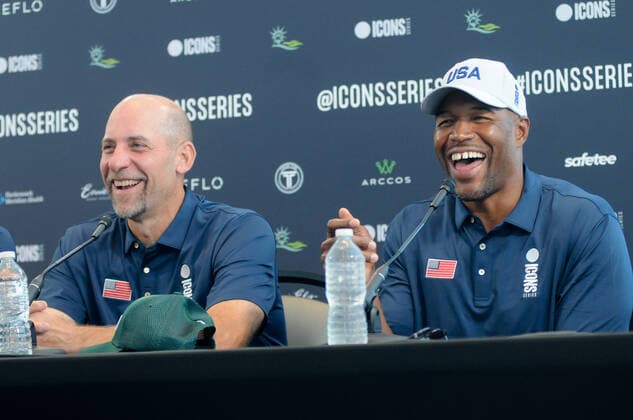June 29, 2022, Jersey, NJ, United States: John Smoltz and Michael Strahan attend the Icons Series press conference, PK, Pressekonferenz in Liberty National Golf Club, Jersey City. Jersey United States - ZUMAs197 0161811103st Copyright: xEfrenxLandaosx
