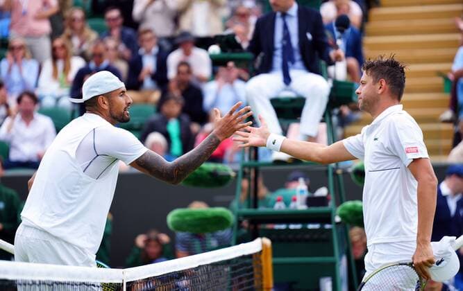 Mandatory Credit: Photo by Javier Garcia Shutterstock (13010731cj) Nick Kyrgios celebrates victory in his second round match against Filip Krajinovic Wimbledon Tennis Championships, Day 4, The All England Lawn Tennis and Croquet Club, London, UK - 30 Jun 2022 Wimbledon Tennis Championships, Day 4, The All England Lawn Tennis and Croquet Club, London, UK - 30 Jun 2022  Copyright: xJavierxGarcia Shutterstockx 13010731cj