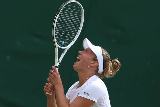 Great Britain, London, All England Lawn Tennis Club, The Championships Wimbledon 2022 - DAY 4- 30 06 2022 Elise Mertens from Belgium reacts after she won her second round match in London , All England Lawn Tennis Club at The Championships Wimbledon 2022 The Championships Wimbledon 2022- DAY 4- 30 06 2022 PhotoNews Panoramic 