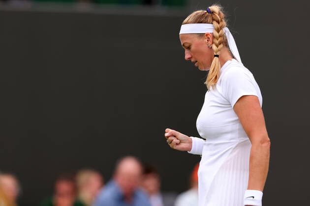 30th June 2022, All England Lawn Tennis and Croquet Club, London, England; Wimbledon Tennis tournament; Petra Kvitova celebrates after she wins he first set in her match with Ana Bogdan in the ladies singles  ActionPlus12403009 ShaunxBrooks