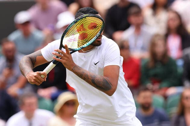 30th June 2022, All England Lawn Tennis and Croquet Club, London, England; Wimbledon Tennis tournament; Nick Kyrgios plays a forehand to Filip Krajinovic in the mens singles  ActionPlus12403028 ShaunxBrooks