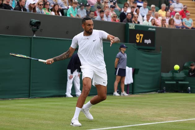 30th June 2022, All England Lawn Tennis and Croquet Club, London, England; Wimbledon Tennis tournament; Nick Kyrgios plays a forehand to Filip Krajinovic in the mens singles  ActionPlus12403030 ShaunxBrooks