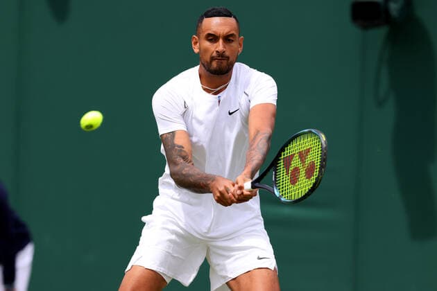30th June 2022, All England Lawn Tennis and Croquet Club, London, England; Wimbledon Tennis tournament; Nick Kyrgios plays a backhand to Filip Krajinovic in the mens singles  ActionPlus12403031 ShaunxBrooks