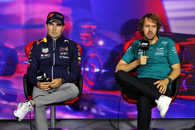11 Sergio Perez MEX, Oracle Red Bull Racing , 5 Sebastian Vettel DEU, Aston Martin Aramco Cognizant F1 Team , F1 Grand Prix of Great Britain at Silverstone Circuit on June 30, 2022 in Silverstone, United Kingdom Photo by DPPI via HOCH ZWEI Silverstone United Kingdom