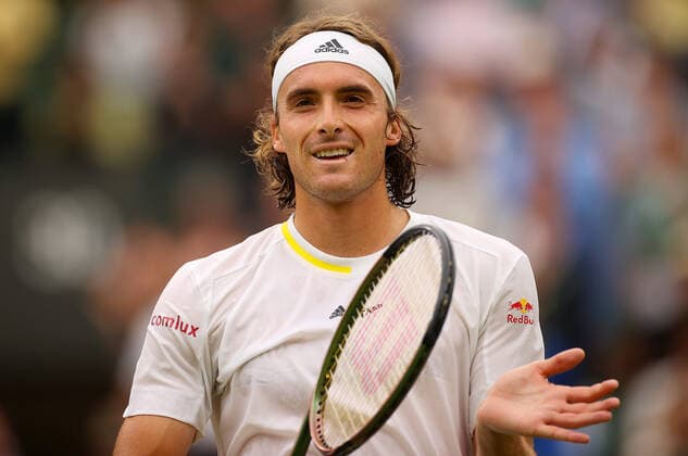 Mandatory Credit: Photo by Ella Ling Shutterstock (13010730bv) Stefanos Tsitsipas of Greece celebrates Wimbledon Tennis Championships, Day 4, The All England Lawn Tennis and Croquet Club, London, UK - 30 Jun 2022 Wimbledon Tennis Championships, Day 4, The All England Lawn Tennis and Croquet Club, London, UK - 30 Jun 2022  Copyright: xEllaxLing Shutterstockx 13010730bv