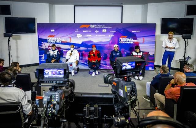 NORTHAMPTON VLNR Pierre Gasly AlphaTauri , Lewis Hamilton Mercedes , Charles Leclerc Ferrari , Nicholas Latifi Williams and Guanyu Zhou Alfa Romeo during a press conference at the Silverstone circuit ahead of the Grand Prix of Britain REMKO DE WAAL Event Name F1 Grand Prix of Great Britain Previews 2022 xVIxANPxSportx xxANPxRemkoxdexWaalxIVx 451166143 originalFilename: 451166143.jpg