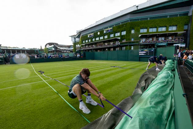 30th June 2022, All England Lawn Tennis and Croquet Club, London, England; Wimbledon Tennis tournament; Rain stops play at Wimbledon as ground staff pull the covers over the court  ActionPlus12403104 ShaunxBrooks
