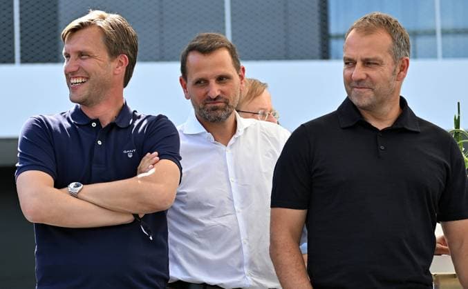30 06 2022, xjhx, Football DFB, DFB Campus Opening emspor, v l Sport Board Markus Kroesche Krösche Member of the Board Eintracht Frankfurt Fussball AG , Panagiotis Joti Chatzialexiou Sporting Director of the German National Teams DFB , Coach Hans Dieter Hansi Flick German National Football Team DFB DFL DFB REGULATES PROHIBIT ANY USE OF PHOTOGRAPHS as IMAGE SEQUENCES and or QUASI VIDEO Frankfurt am Main