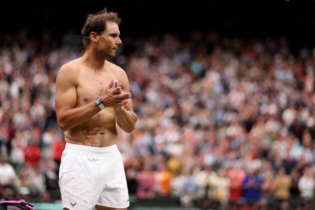 30th June 2022, All England Lawn Tennis and Croquet Club, London, England; Wimbledon Tennis tournament; Rafael Nadal celebrates the win against Ricardas Berankis after his win in the mens singles  ActionPlus12403274 ShaunxBrooks