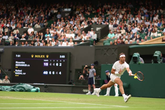 30th June 2022, All England Lawn Tennis and Croquet Club, London, England; Wimbledon Tennis tournament; Rafael Nadal plays a forehand to Ricardas Berankis in the mens singles  ActionPlus12403276 ShaunxBrooks