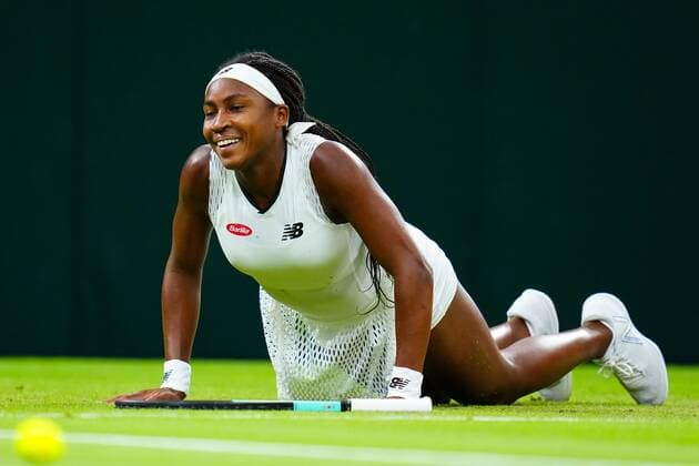 Mandatory Credit: Photo by Javier Garcia Shutterstock (13010731kh) Coco Gauff slips during her second round match Wimbledon Tennis Championships, Day 4, The All England Lawn Tennis and Croquet Club, London, UK - 30 Jun 2022 Wimbledon Tennis Championships, Day 4, The All England Lawn Tennis and Croquet Club, London, UK - 30 Jun 2022  Copyright: xJavierxGarcia Shutterstockx 13010731kh