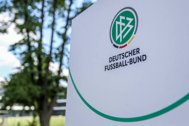 Sports, Football, DFB Opening of DFB Campus in Frankfurt am Main 30 06 2022, DFB Campus A sign with the DFB logo in front of the new DFB headquarters and campus Photo Herbertz Nico Herbertz Frankfurt DFB Campus Hesse Germany