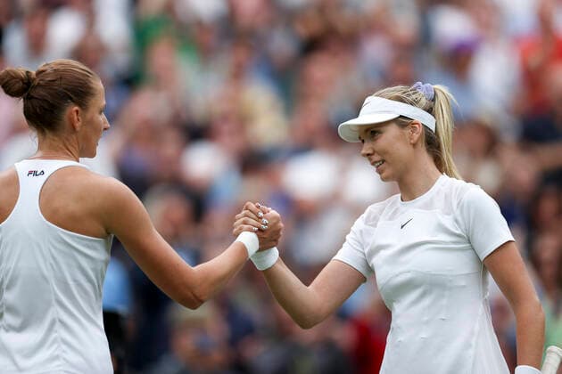(220701) -- LONDON, July 1, 2022 -- Katie Boulter (R) greets with Karolina Pliskova after the women s singles second round match between Katie Boulter of Britain and Karolina Pliskova of the Czech Republic at Wimbledon Tennis Championship in London, Britain, on June 30, 2022. ) (SP)BRITAIN-LONDON-TENNIS-WIMBLEDON-WOMEN S SINGLES HanxYan 