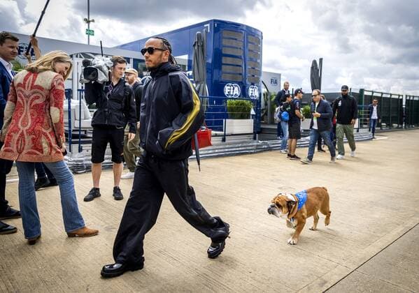 SILVERSTONE Lewis Hamilton Mercedes with his dog Roscoe in the paddock prior to practice 1 leading up to the F1 Grand Prix of Great Britain at Silverstone on July 1, 2022 in Silverstone, England REMKO DE WAAL F1 Grand Prix of Great Britain Practice 1 2022 xVIxANPxSportx xxANPxIVx 451195397 originalFilename: 451195397.jpg